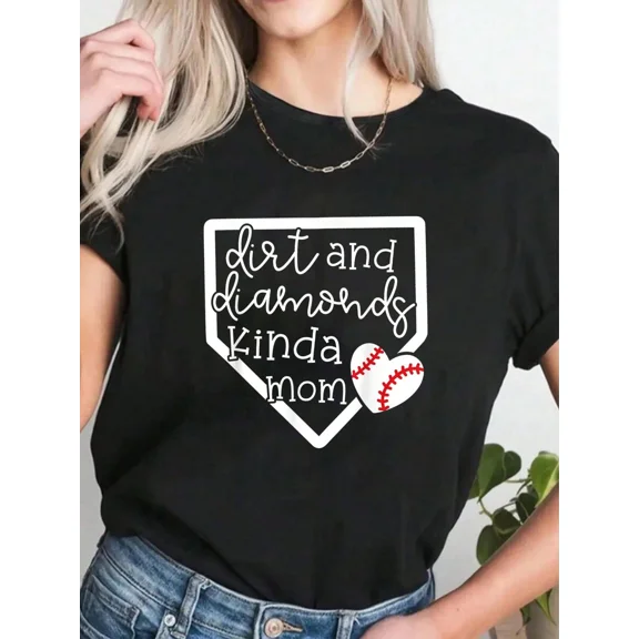 Retro Dirt and Diamonds Kinda Mom Baseball Softball Game Day Graphic Tee Funny Sports Mother's Day Gift Short Sleeve T-Shirt