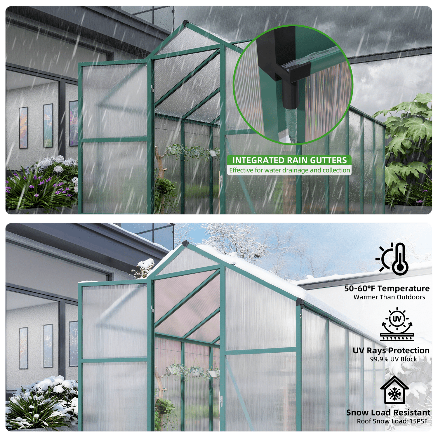 Youmumeub 6x10 Ft Polycarbonate Greenhouse with UV Protection, Spacious Walk-In Garden Hot House with Sliding Door & Vent, Aluminum Frame Plant Nursery for Backyard, Green