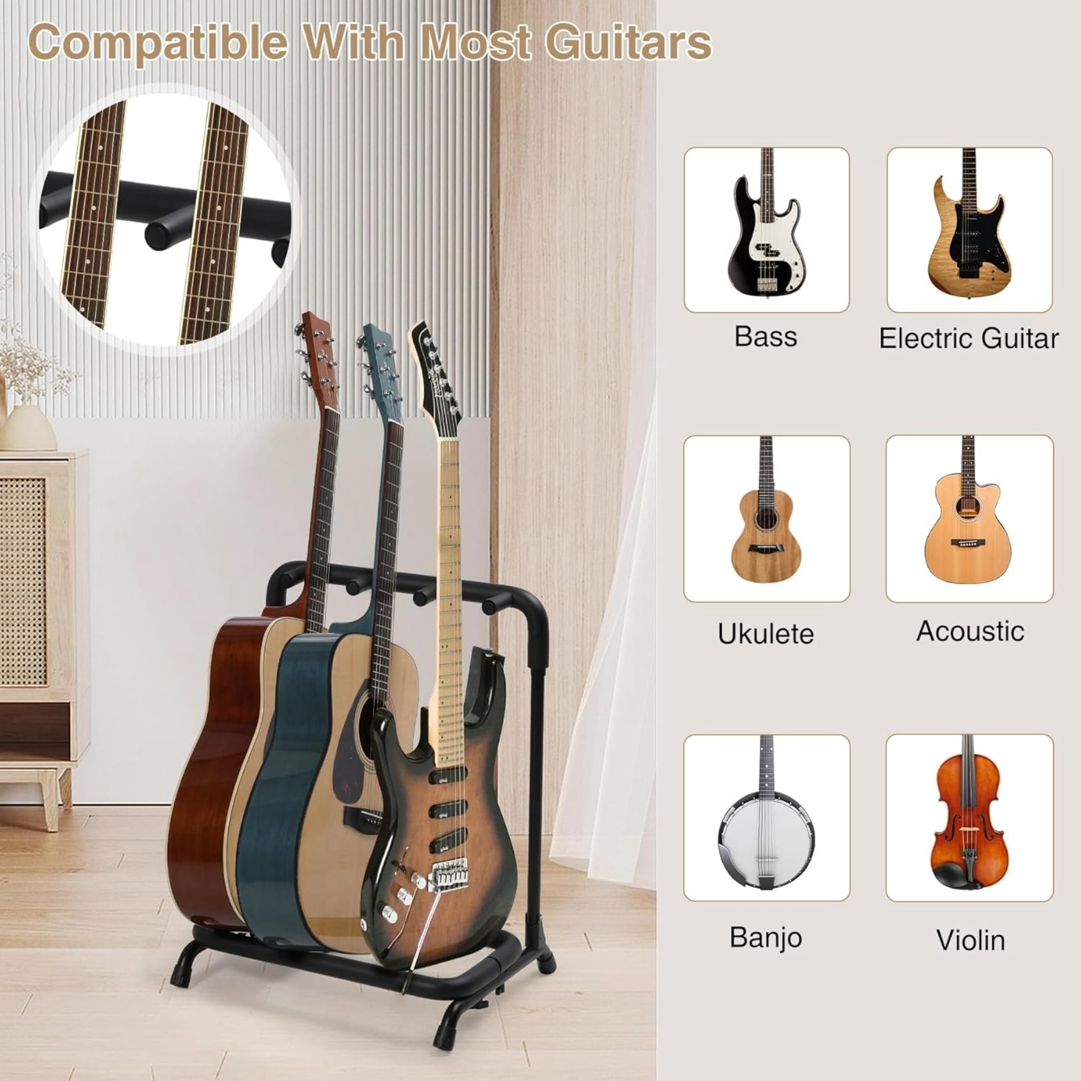 REDCAMP 3 Multi Guitar Stand Rack with Folding Design, Guitar Display Rack with Thick Rubber Padding for Acoustic Electric Guitar, Bass