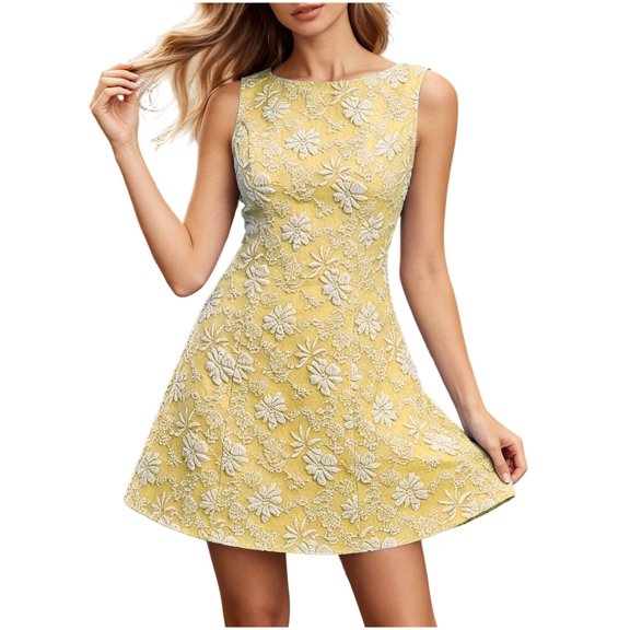 Lenpel Wedding Guest Dresses for Women Formal Summer Boat Neck Sleeveless Tank Dresses Fashion Floral Embroidered Outfits