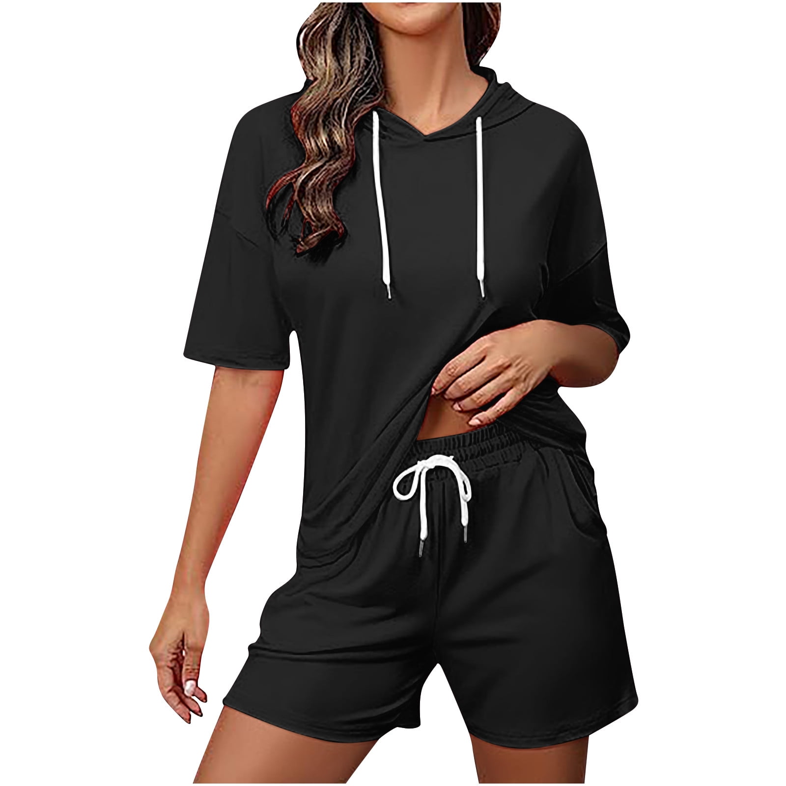 Two Piece Outfits for Women Hoodie Short Lounge Sets Drawstring Short