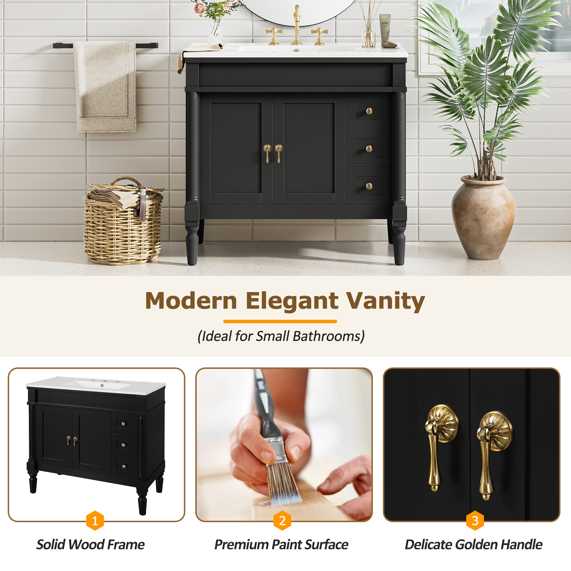 Euroco 36" Bathroom Vanity with Ceramic Sink, Soft Close Doors, Adjustable Shelves, Modern Storage Cabinet for Small and Medium Bathrooms