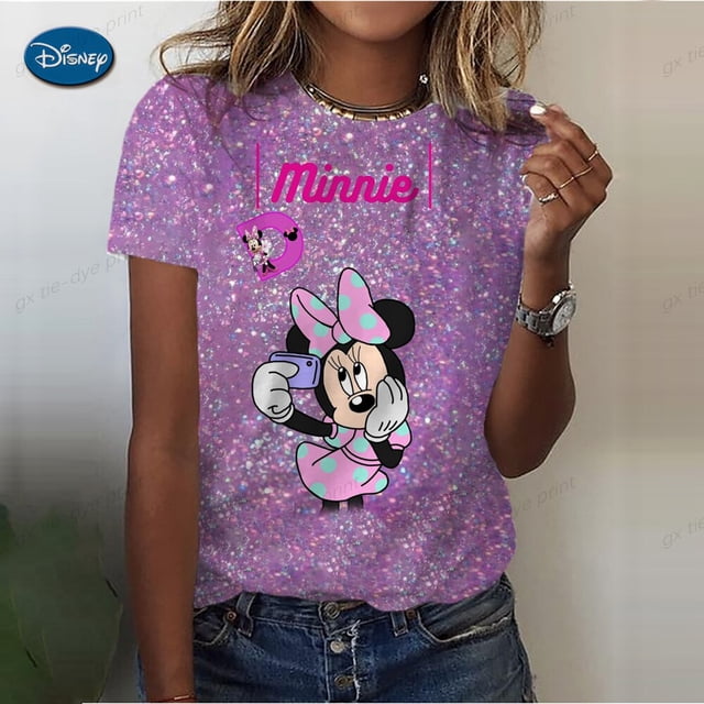Women's Summer Casual T-Shirt 2023 Fashion Disney Mickey Mouse Print Short-Sleeved Pullover New Oversized Round Neck Loose Top130 Gao Jinjia LED