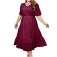 thumbnail image 2 of Summer Saving Wycnly Formal Dresses for Women Short Sleeve V-Neck Solid Summer Long Dresses Elastic Waist Ruffle Swing Plus Size Chiffon Beach Sun Dress Wine xxxl Under $5, 2 of 7