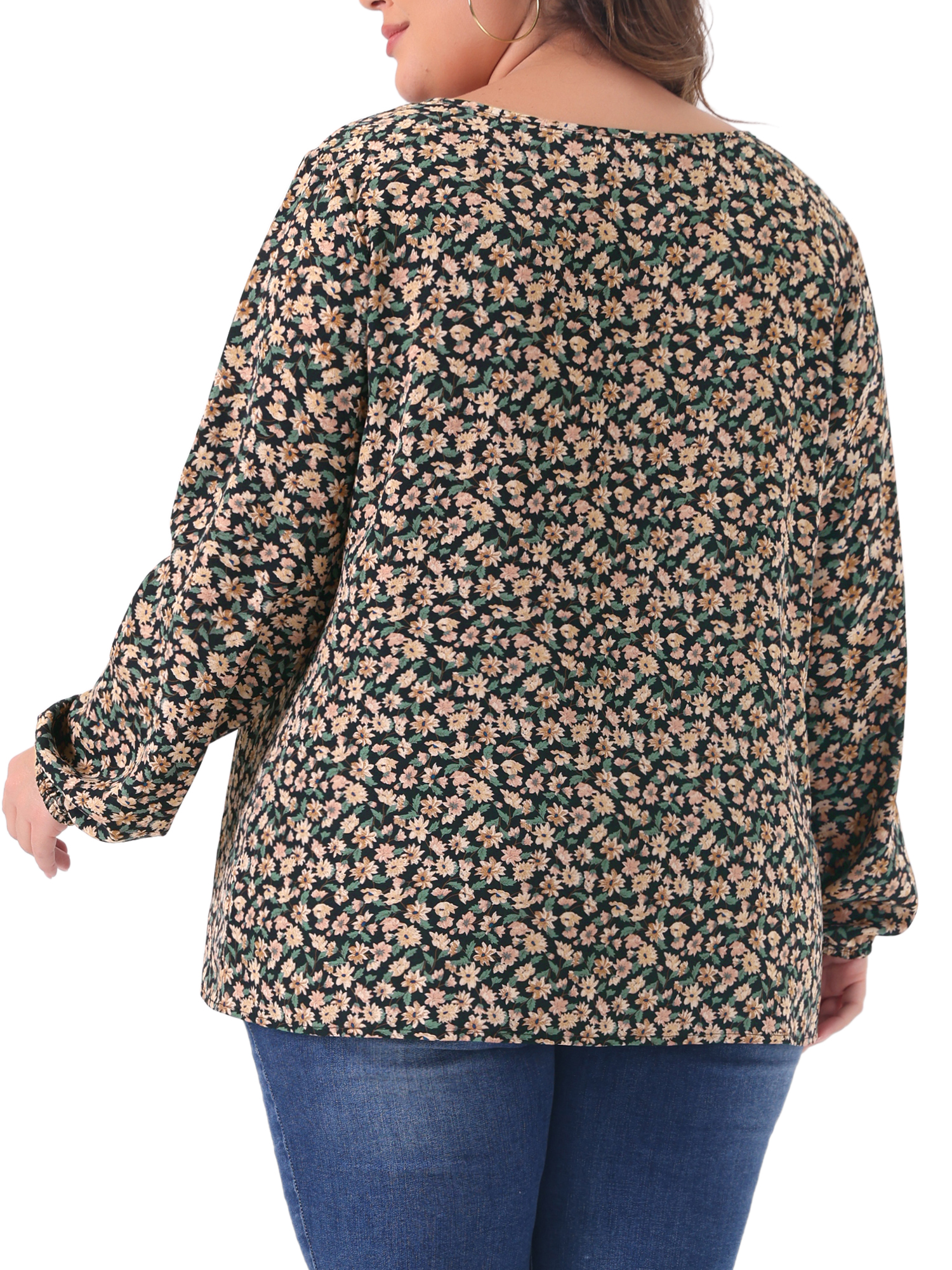 Unique Bargains Women's Plus Size Long Sleeve Floral Print Blouses Tops 4X Black Beige