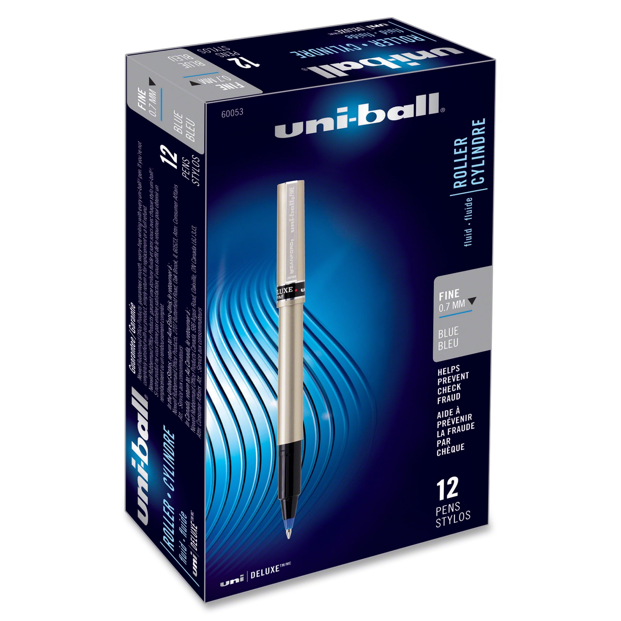 uni-ball® Deluxe Rollerball Pens, Fine Point, 0.7 mm, Gold Barrel, Blue Ink, Pack Of 12