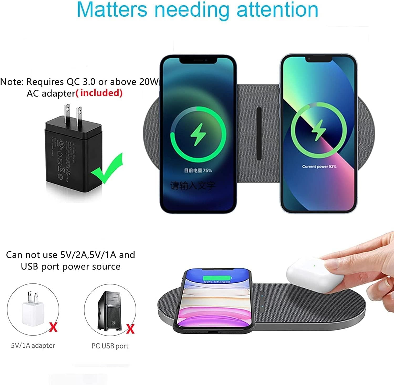 20W Fast Wireless Charging Pad  with Adapter compatible with iPhone 17 Pro max/17 Air/16/15/14/13/12/11/XS/XR/8 Plus,Air pods,Samsung Galaxy S25/S24/S23/S22/S21,Note20/10,Galaxy Buds,Gray