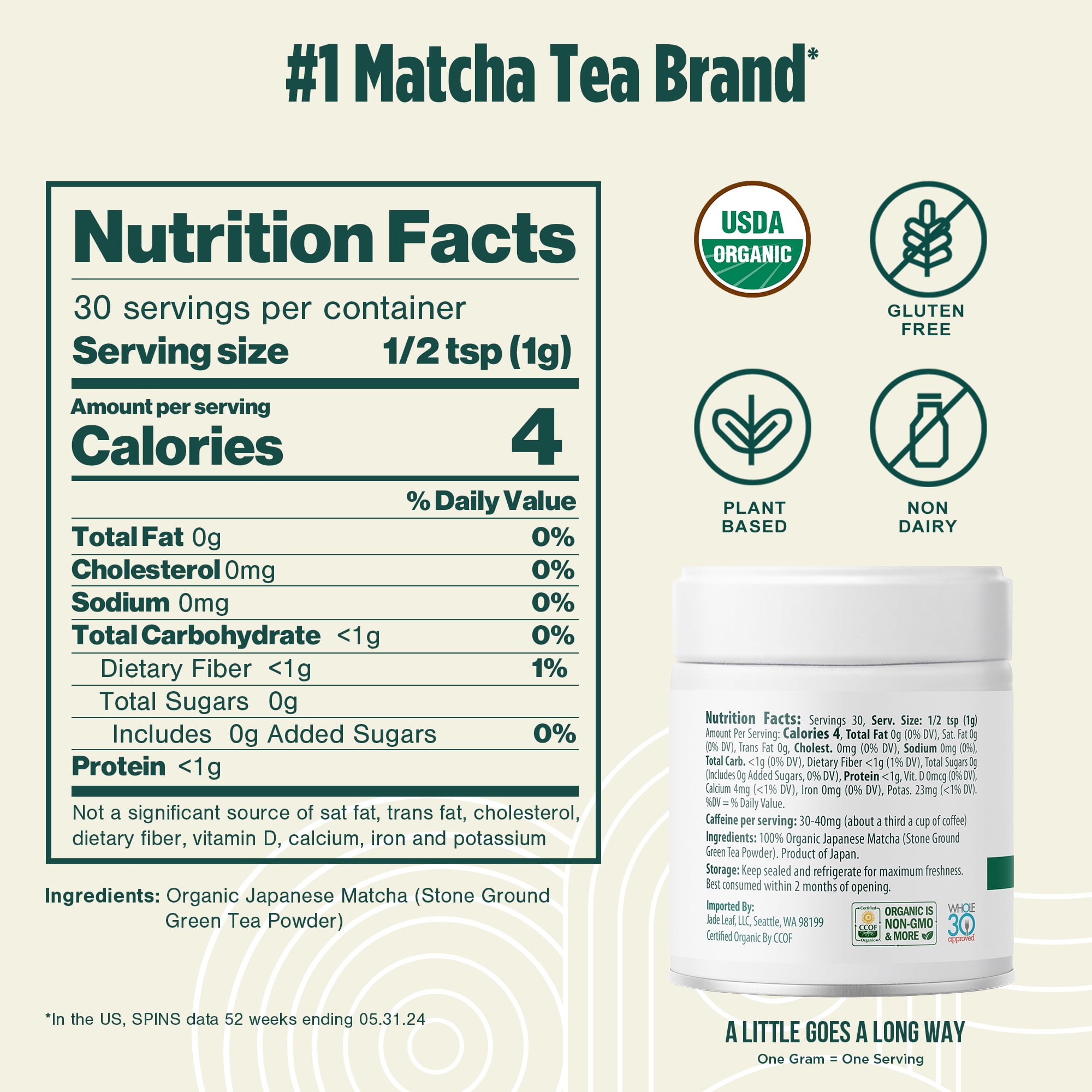 Jade Leaf Organic Ceremonial Grade Matcha Powder, Teahouse Edition, 1.06 oz Tin