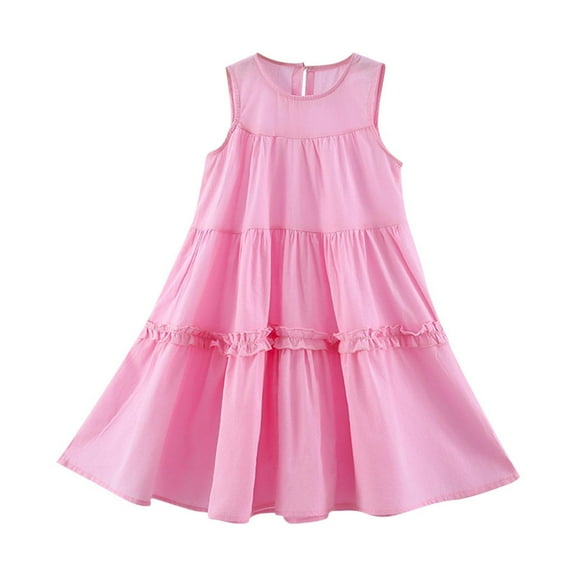 AUNVITO Girls Sleeveless Round Neck Princess Layer Cake Dress Summer Solid Color Casual Sweet Casual Wear