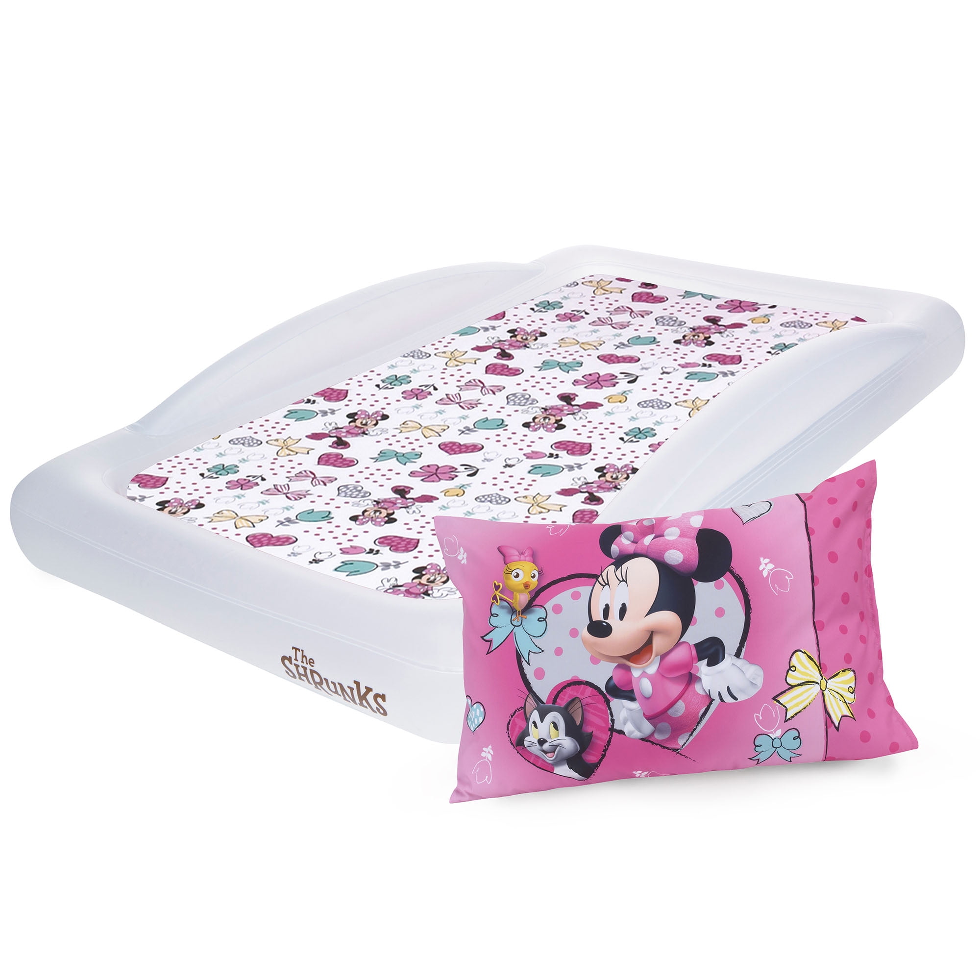 Portable Blow Up Floor Bed and Pink Disney Minnie Mouse Toddler Bedding Set The Shrunks Minnie Mouse Kids Air Mattress Inflatable Toddler Travel Bed with Safety Side Rails 
