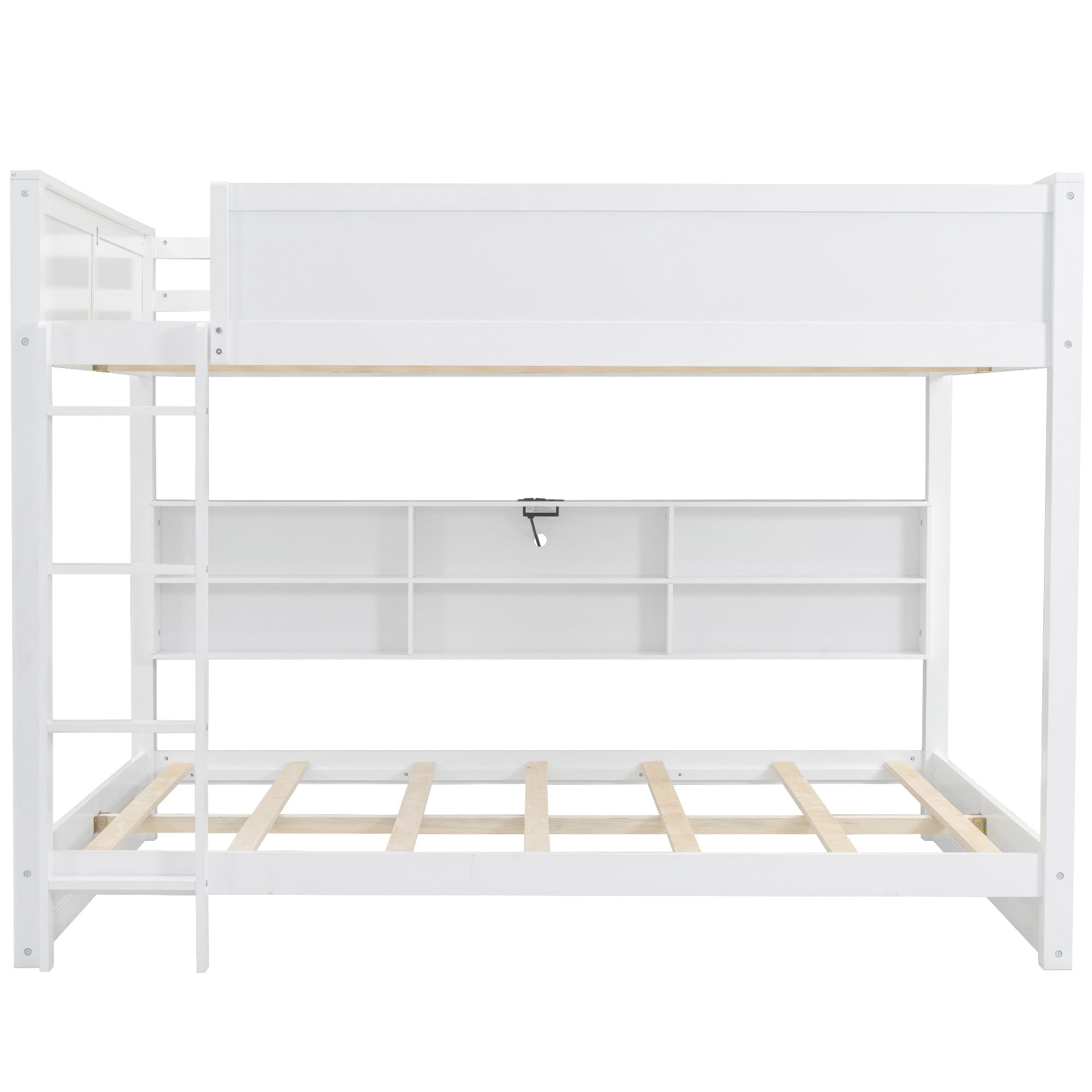 Queen over Queen Size Bunk Bed with Bookshelves, Solid Wood Queen Size Bunk Beds with USB Ports and Ladder for Kids Teens Adults, No Box Spring Needed
