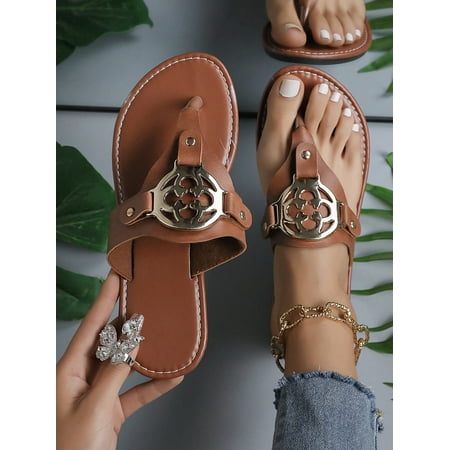 

ASWMXR Women‘s Khaki Embroidered Flower Round Buckle Flat Sandals Slippers Thong Style Flip Flop With Anti-Slip Sole Perfect For Indoor/Outdoor Use