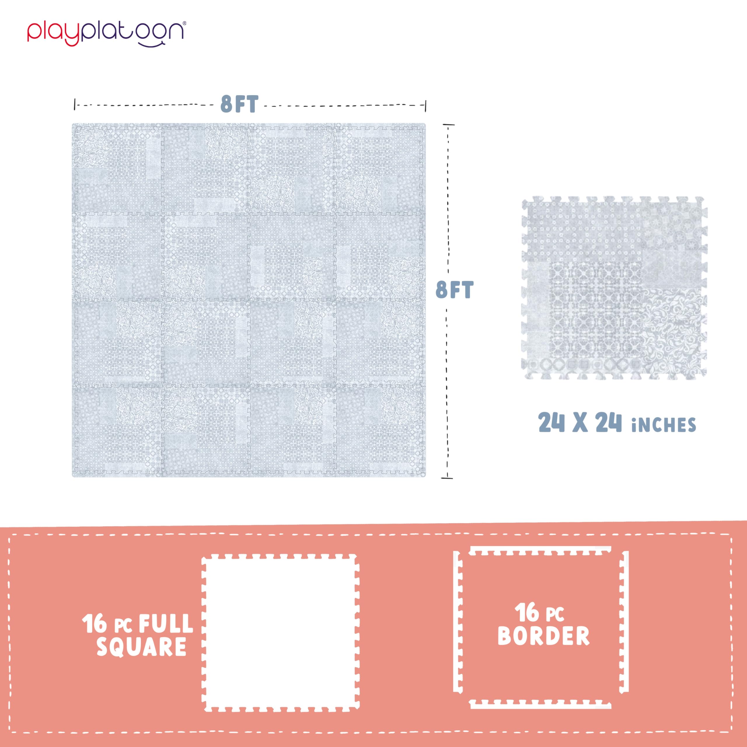 Play Platoon Non-Toxic Extra-Thick Children's Play Mat, 16 Tile - 96 x 96 inch Comfortable Cushiony Foam Floor Puzzle Mat for Kids & Toddlers with 24 x 24 inch Tiles - Grey, Boho Modern