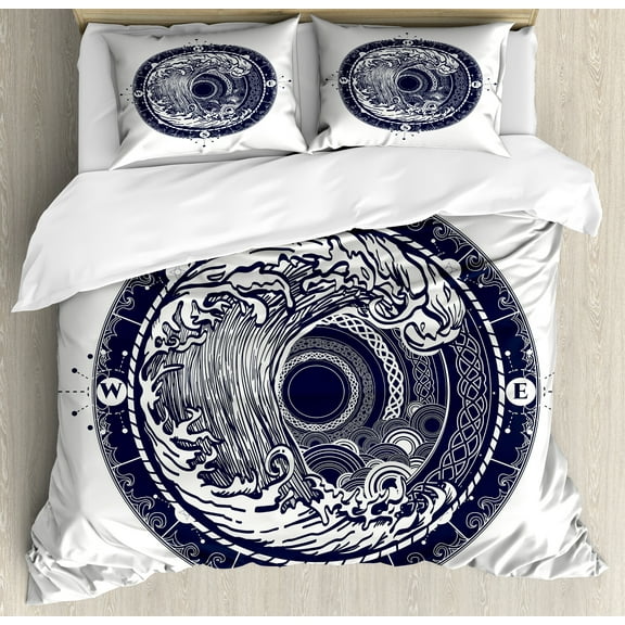 Compass Duvet Cover Set, Sea Navigation with a Drawing of Tempest Inside Big Wave Adventure Journey, Decorative 3 Piece Bedding Set with 2 Pillow Shams, Queen Size, Night Blue White, by Ambesonne