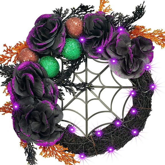 Prociv 20 LED Halloween Wreaths for Front Door, Pre-Lit Artificial Purple Halloween Lights Wreath for Home Door Wall Decorations 17.7"