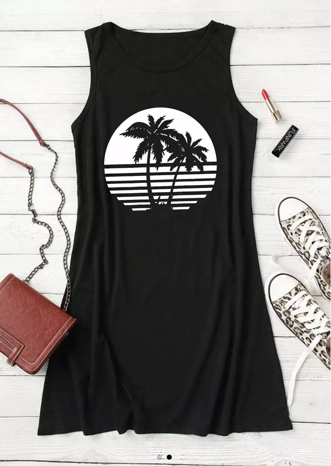 Sun Salt Sand Coconut Tree Sleeveless Mini Dress Casual Sleeveless Summer Beach Vacation Women Workout Mini Dress