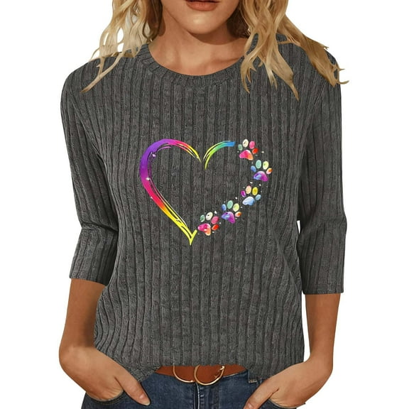 Fall Fashion Must Haves Women's Heart Design Ribbed Knit Shirt 3/4 Sleeve Round Neck Comfortable Top Tees Tshirts Blouse Women Fall Clothes