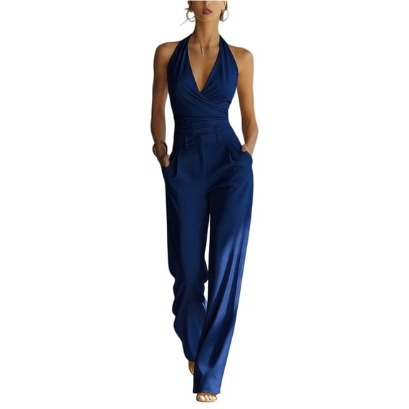 JULMCOMO Jumpsuits for Women Halter Deep V Neck Open Back Slim Fit Summer Outfits Sleeveless Straight Leg Dressy Jumpsuits with Pockets Blue 2XL