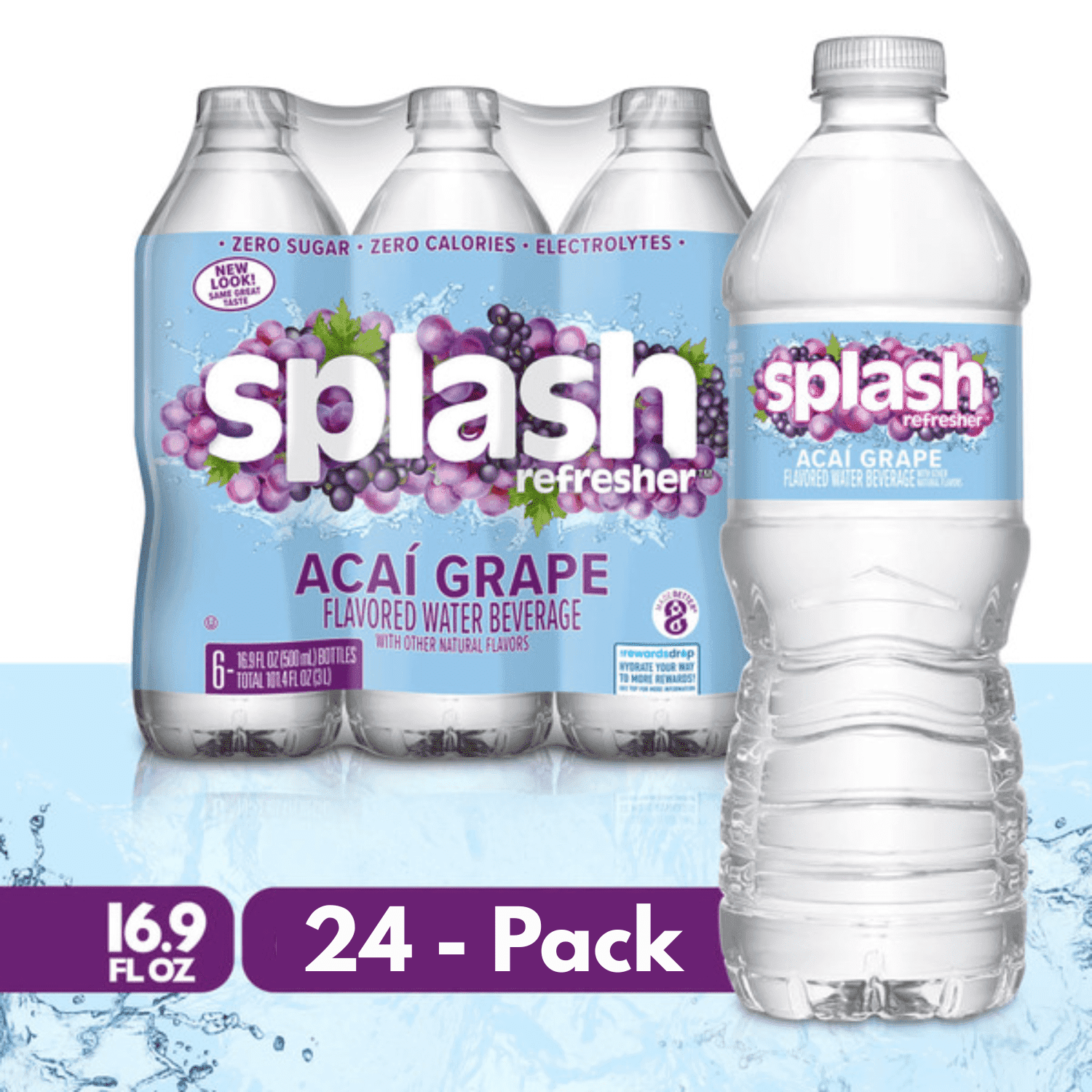 SPLASH Refresher Acai Grape Flavored Water, 16.9 fl oz Bottles, 24 Pack + Free Soda Can