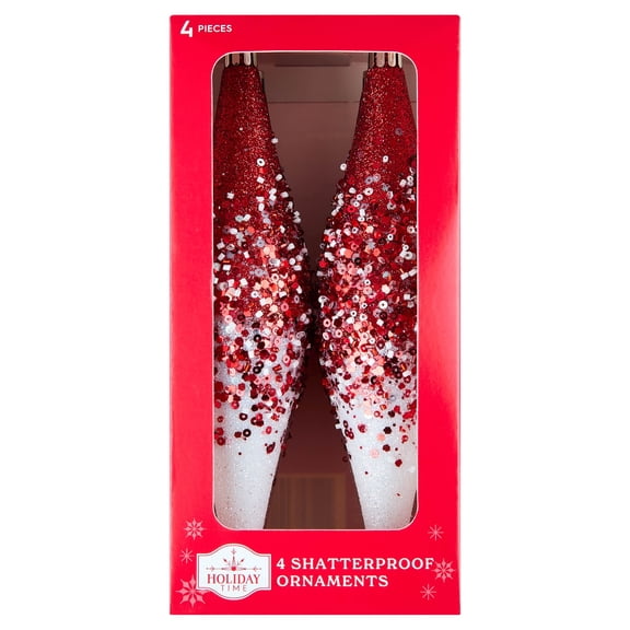 4-Count Red and White Glitter Ombre Finial Shatterproof Christmas Ornaments, 8.35", by Holiday Time
