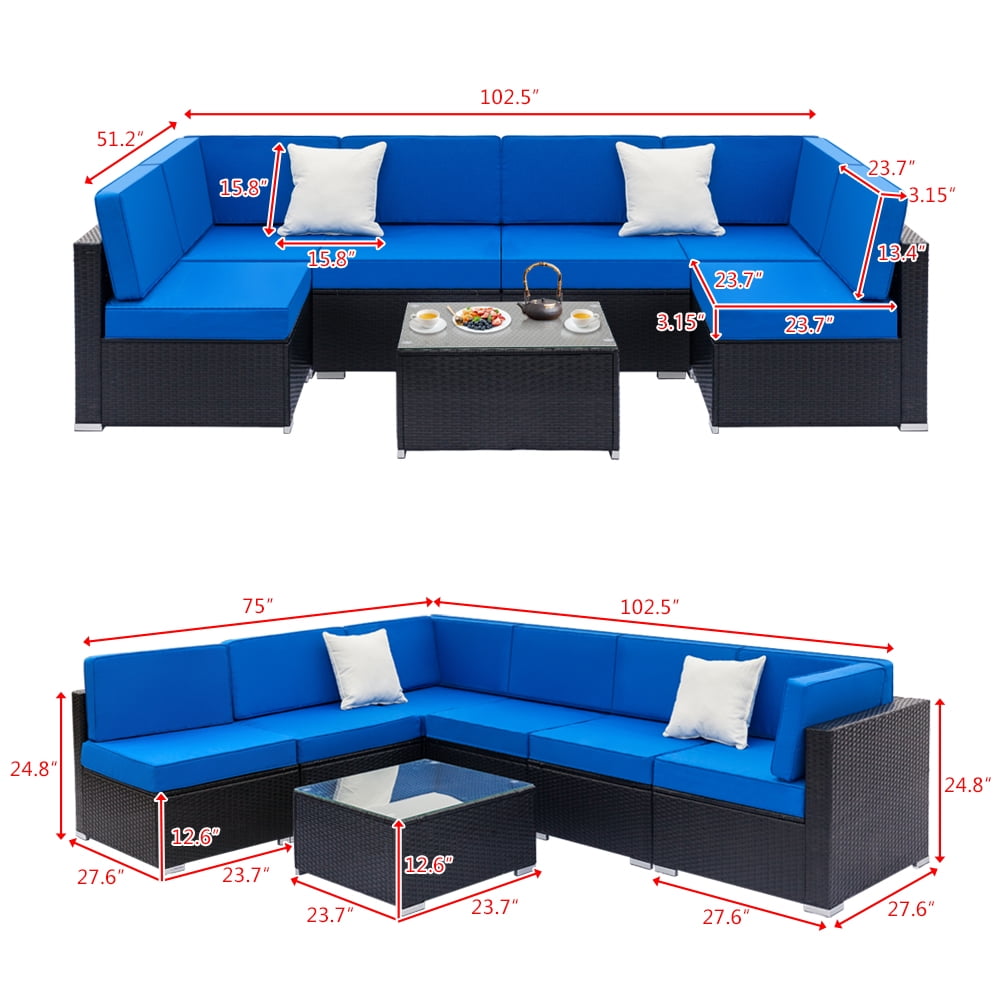 Ktaxon 7pc Outdoor Patio Sectional Sofa Set, Rattan Wicker Furniture All-Weather - Black & Blue