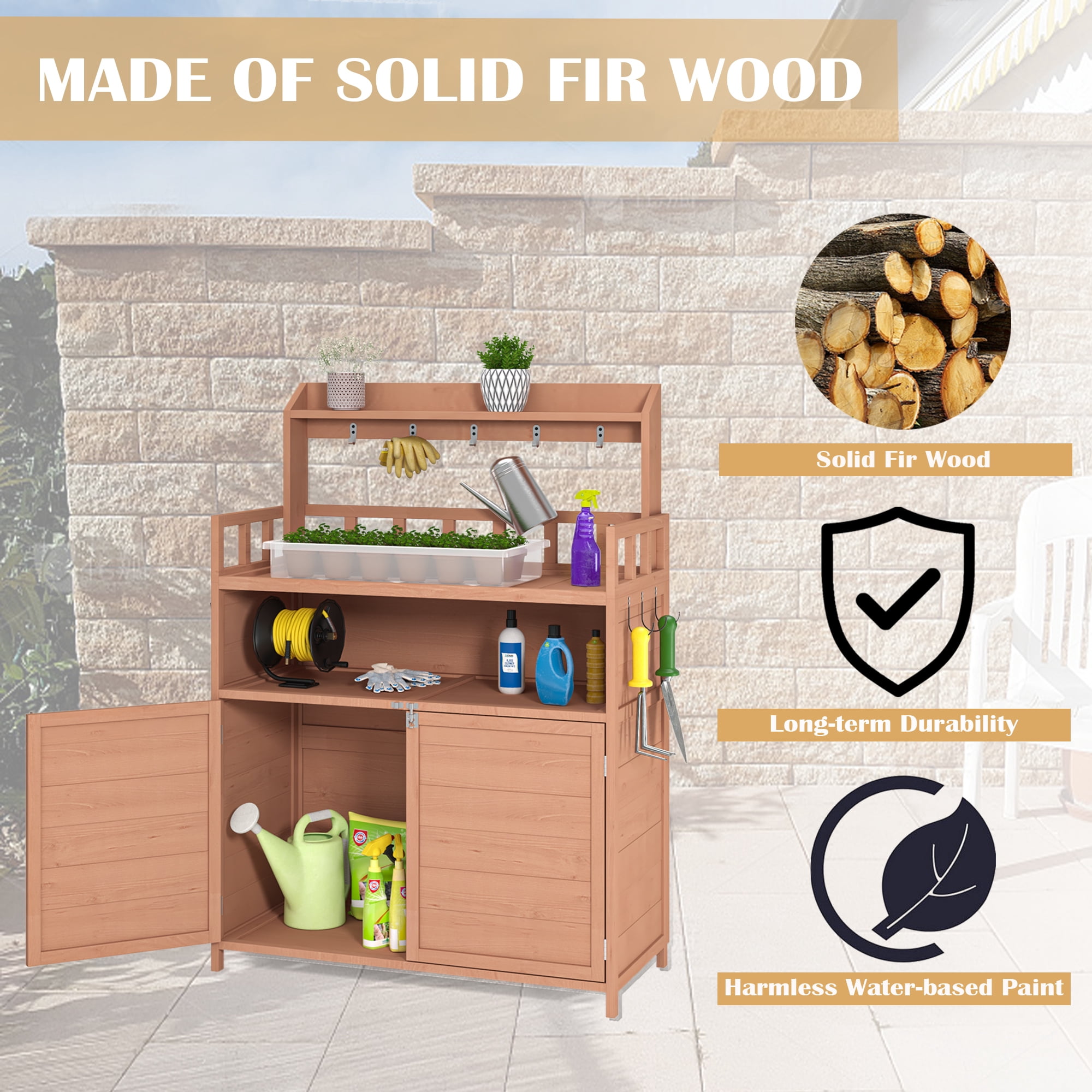 Leumius Potting Bench Outdoor Gardening Table for Outside Wood Garden Planting Workstation Work Benches with Large Storage Cabinet & Top Shelf for Patio Balcony