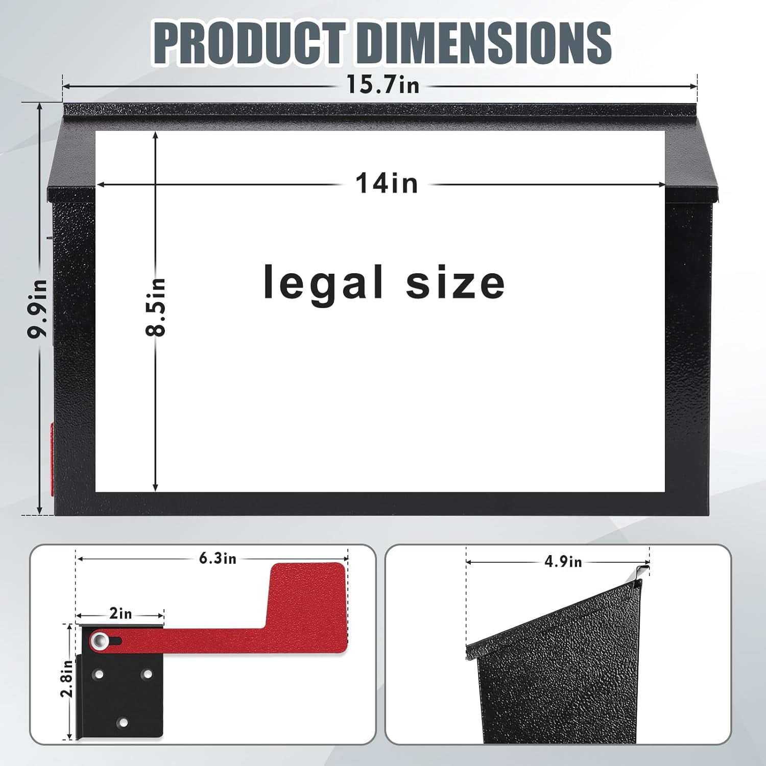 Wall Mount Mailboxes for Outside with Flag and Number Stickers,Galvanized Steel Rust-Proof Metal Post Box,Large Capacity Mail Box for House,15.7"x9.9"x4.9" Black