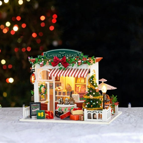 Vaveren DIY Christmas Dolls House Miniature Garden House Kit Collectible with Lights Mini House Building Kits for Shop Birthday Hobby