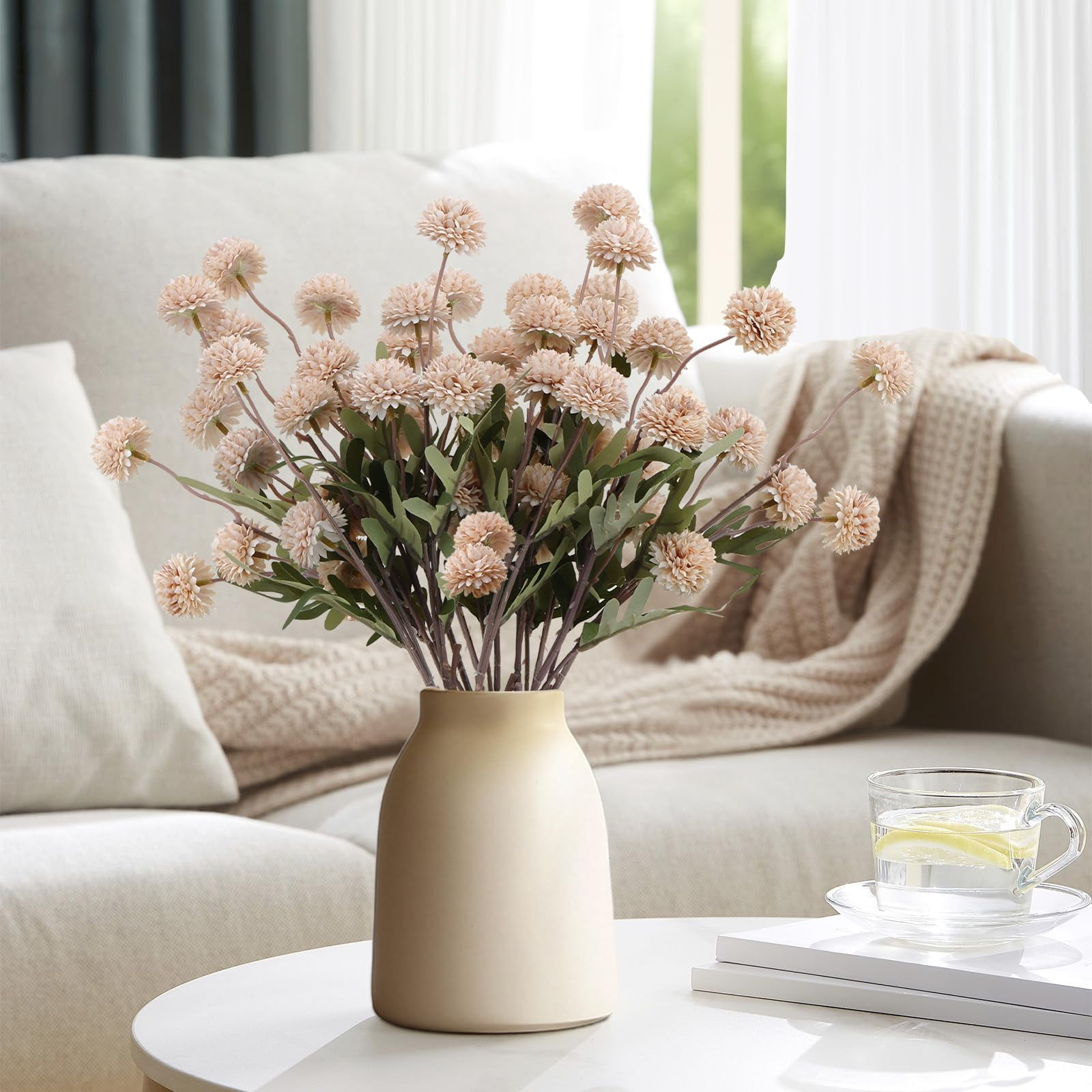 Trianu 6Pcs Artificial Silk Pompon Mum Flowers, Fake Small Chrysanthemums with Stems for DIY Bouquet Centerpieces Wedding Fillers Arrangements Shower Decorations, Beige