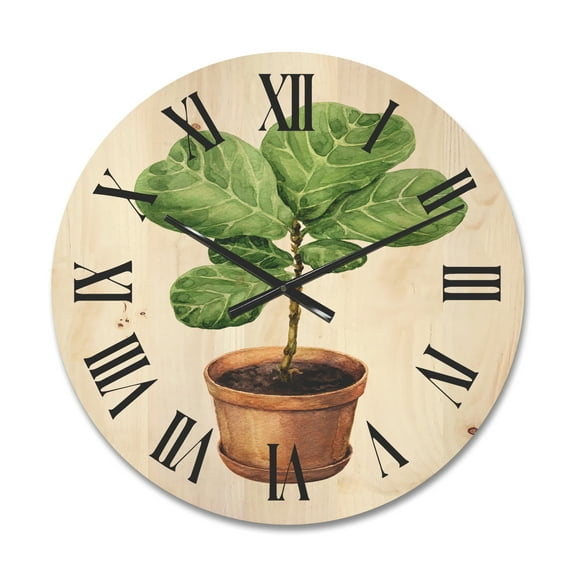 Designart 'Ficus Lyre Plant In Clay Flowerpot' Traditional Wood Wall Clock