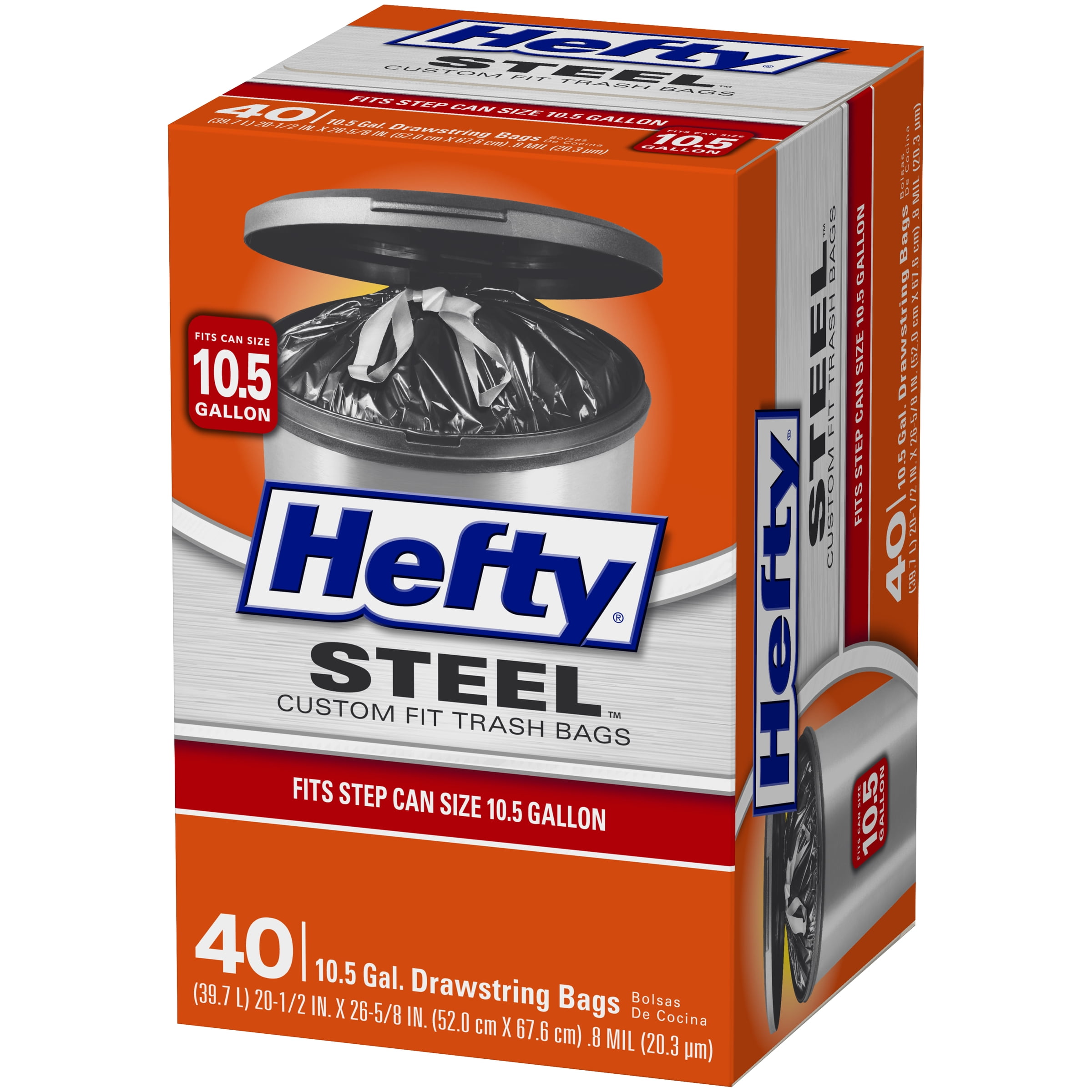 Hefty Steel Custom Fit I Size Drawstring Trash Bags, Black, Fresh Scent,  10.5 Gallon, 40 Count 