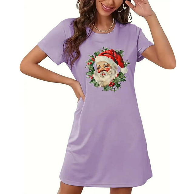 Sakmal Chemises de Nuit Grande Taille pour Femmes Noël Violet Doux Mignon Robe de Maison Imprimé Père Noël Manches Courtes Col Rond Chemises de Nuit Courtes P-2TG