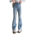 thumbnail image 3 of Pants for Girls Kids Bow Applique Flared Bootcut Jeans Solid Comfortable Casual Fit Girls 4-5Y, 3 of 9