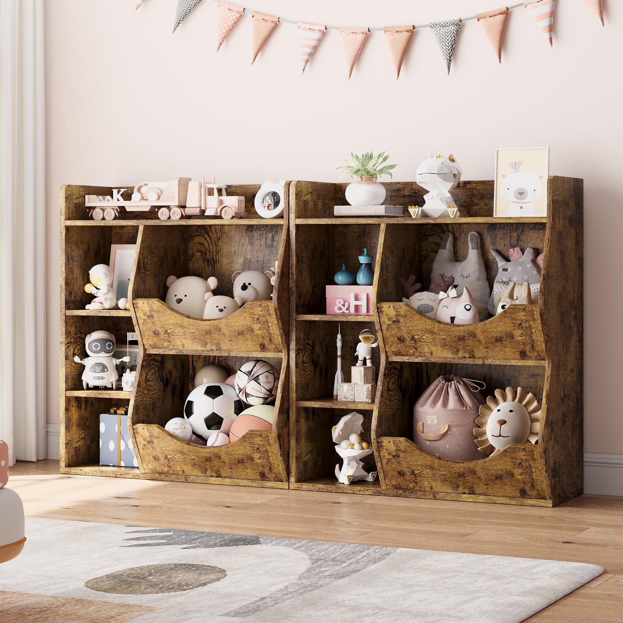 Kids 3-Tier Toy Storage Organizer Kids Bookshelf Double Side Toy Shelf White/Retro/Grey- 5 Compartment Bookshelf & Toy Shelf for Kids' Room, Bedroom, Living Room, and Kindergarten - for Toys and Books