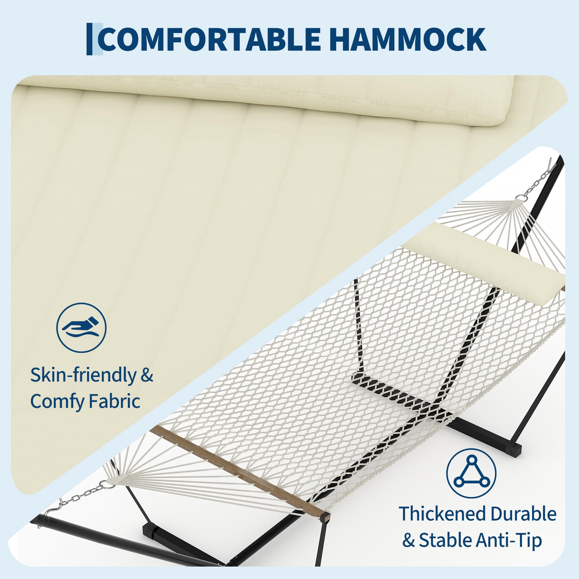 Portable Hammock with Stand & Carry Bag, Heavy Duty 450Lb Capacity, Quilted Polyester & Net Design, for Indoor & Outdoor Use, Beige