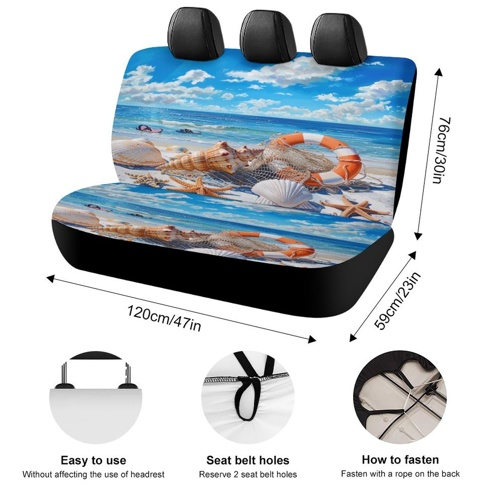 Beach Seashell Starfish Printed Universal Back Bench Car Seat Cover Pack of 2 Rear Seat Covers for for Most Cars,Trucks,SUVs Or Van