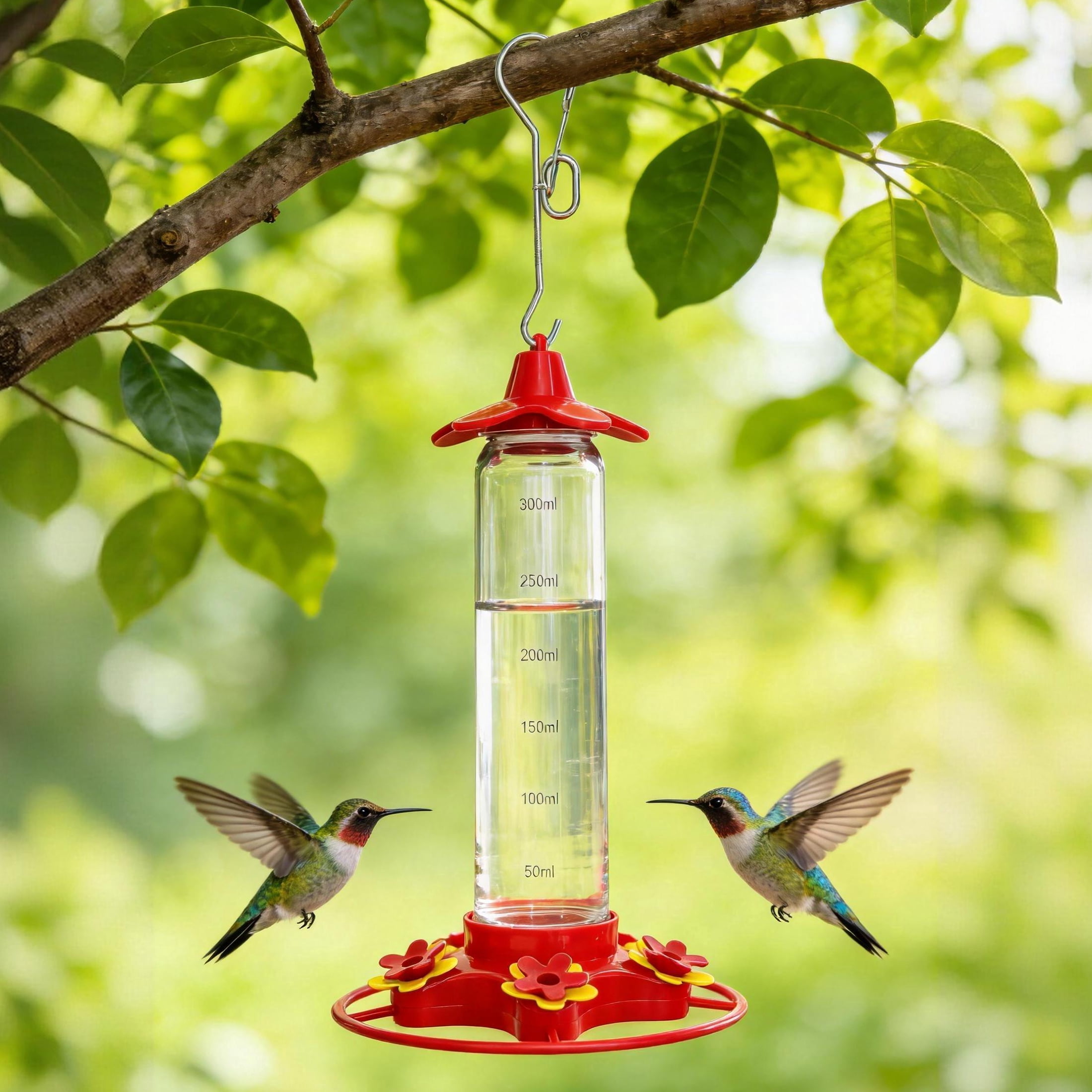 GARITIN Hummingbird Feeder 300ml, Anti-Ant Leak Proof Hanging Bird Nectar Feeder with Built-In Ant Moat for Outdoor Garden Yard