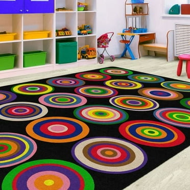 Flagship Carpets Color Rings Colorful Children's Classroom Area Rug, Seats 24, 7'6" x 12', Black