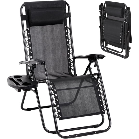 Dkelincs Zero Gravity Chair Folding Patio Lounge Chair Adjustable Outdoor Camping Beach Chair with Pillow and Cup Holder for Lawn Pool, Black