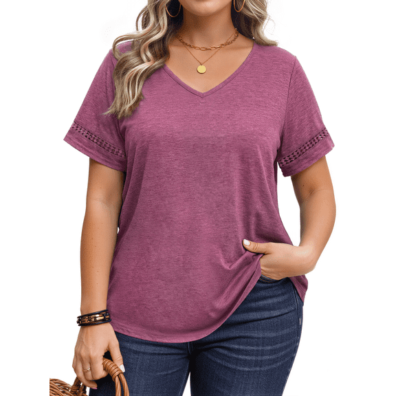 WellSize Plus Size V Neck Tops for Women Dressy Lace Short Sleeve Shirts Casual Summer Tunic Blouses
