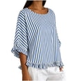 thumbnail image 4 of Qulqfy Crew Neck Women's Blouses Casual Striped Short Sleeve Loose Ruffle Boho Spring Summer Trendy Ladies Tops and Blouses L, 4 of 8
