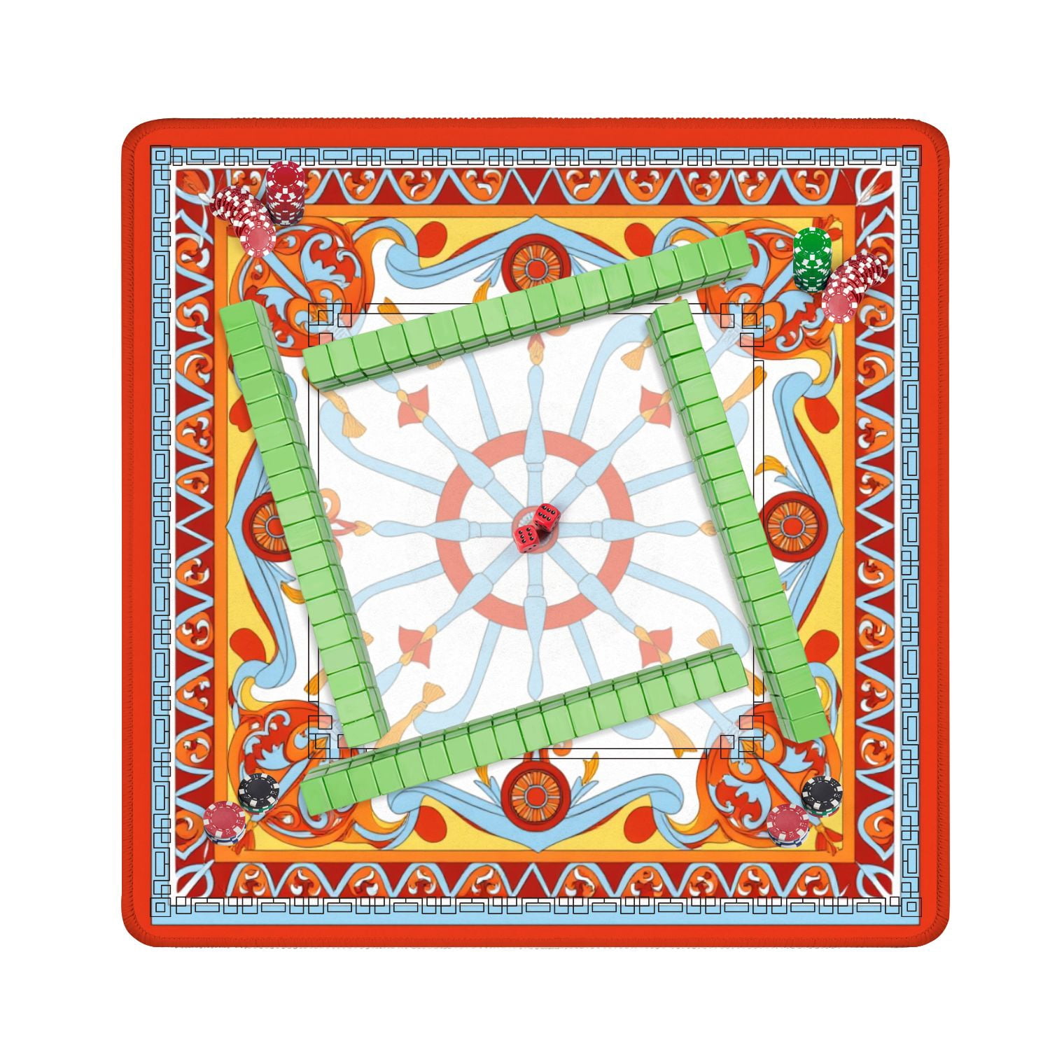 Mahjong Mat 31.5" x 31.5" Elegant Ornate Swirls Flourishes Red Blue Yellow Non-Slip Noise Reduction American Mahjong Tiles Table Cover for Dominoes Poker Card Board Games Gift