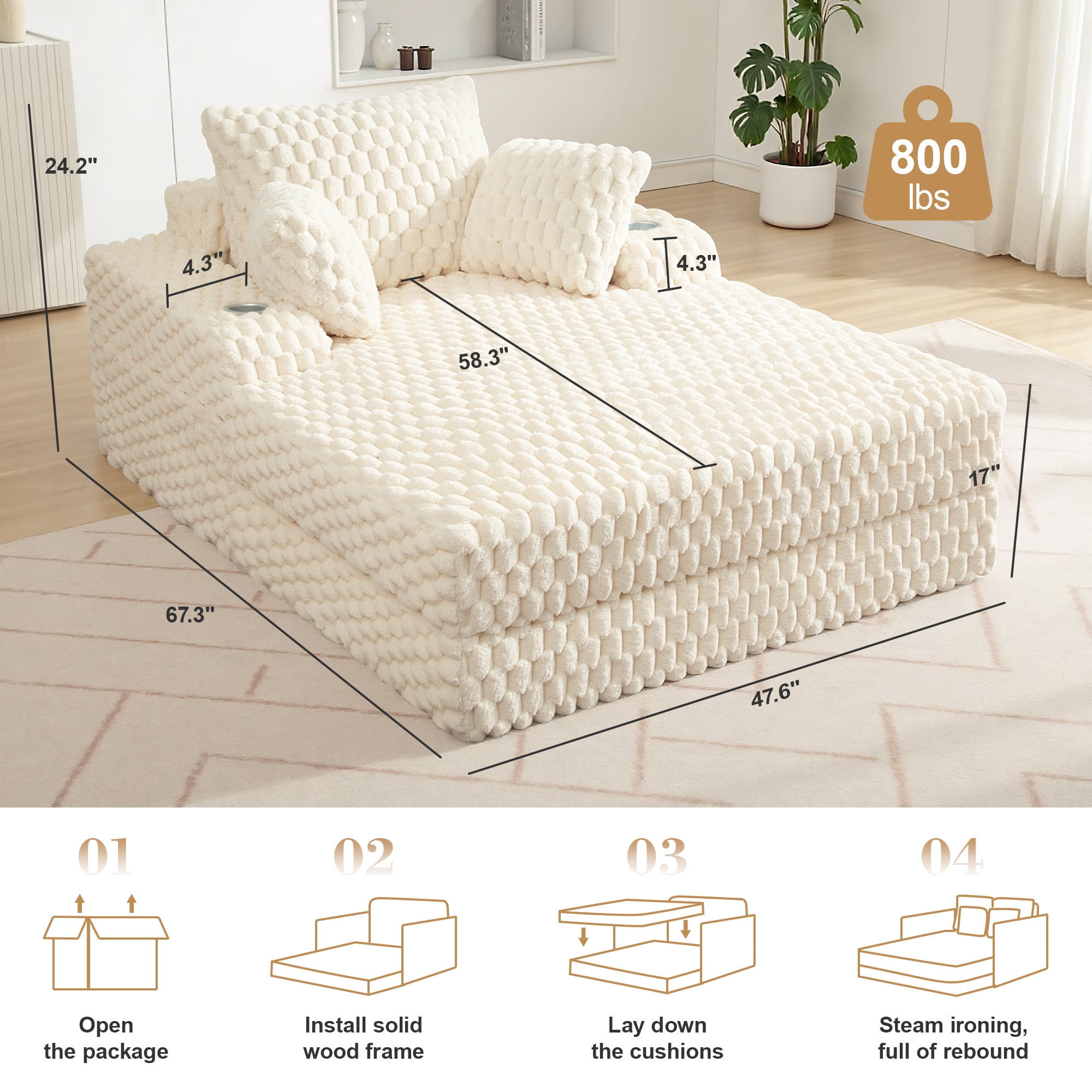 COOLHUT 46.7" W Oversized Floor Chaise Lounge Chair Sofa with Cup Holders, Cloud Plush Floor Sofa Bed Upholstered Deep Seat Sleeper Reading Chair Couch for Living Room, No Assembly, Beige