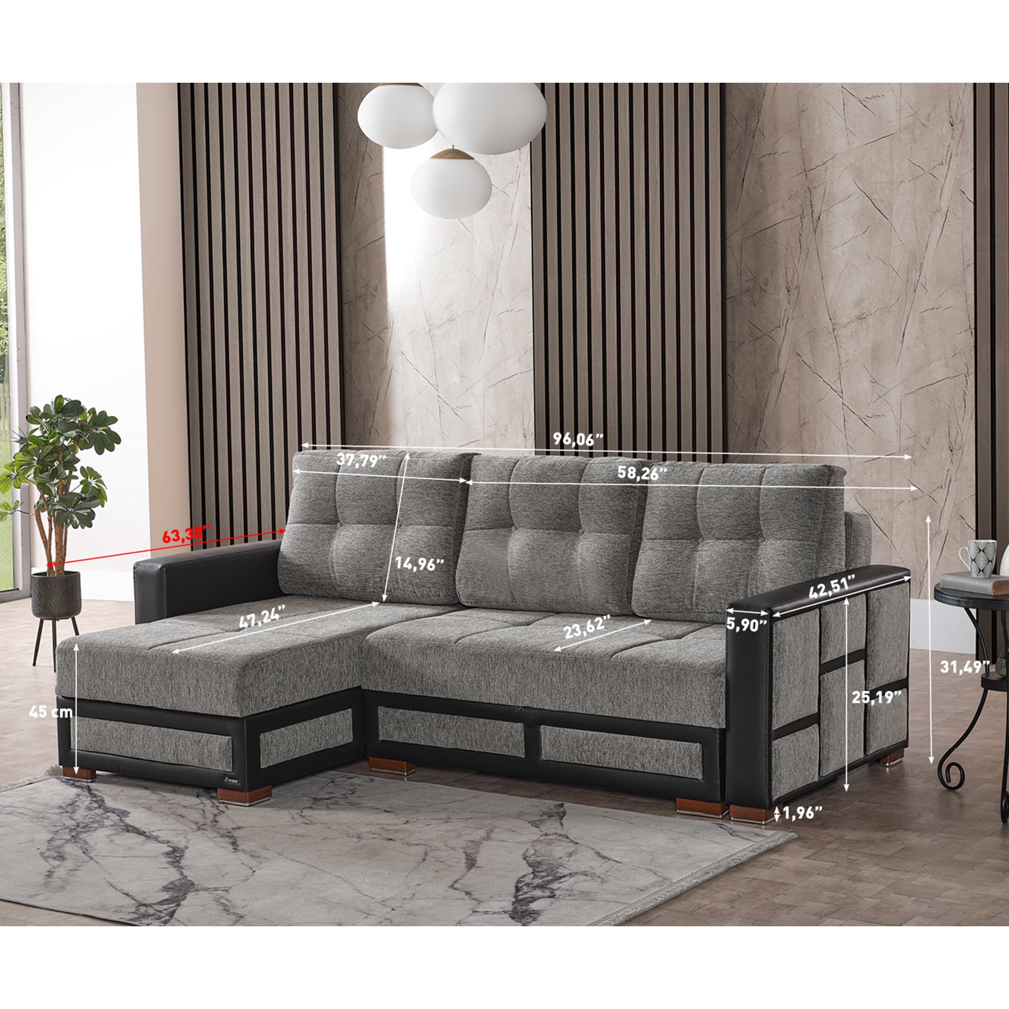 Ottomanson 96" Convertible Sectional Sofa with Storage, Chenille L-Shaped Couch for Living Room, Gray