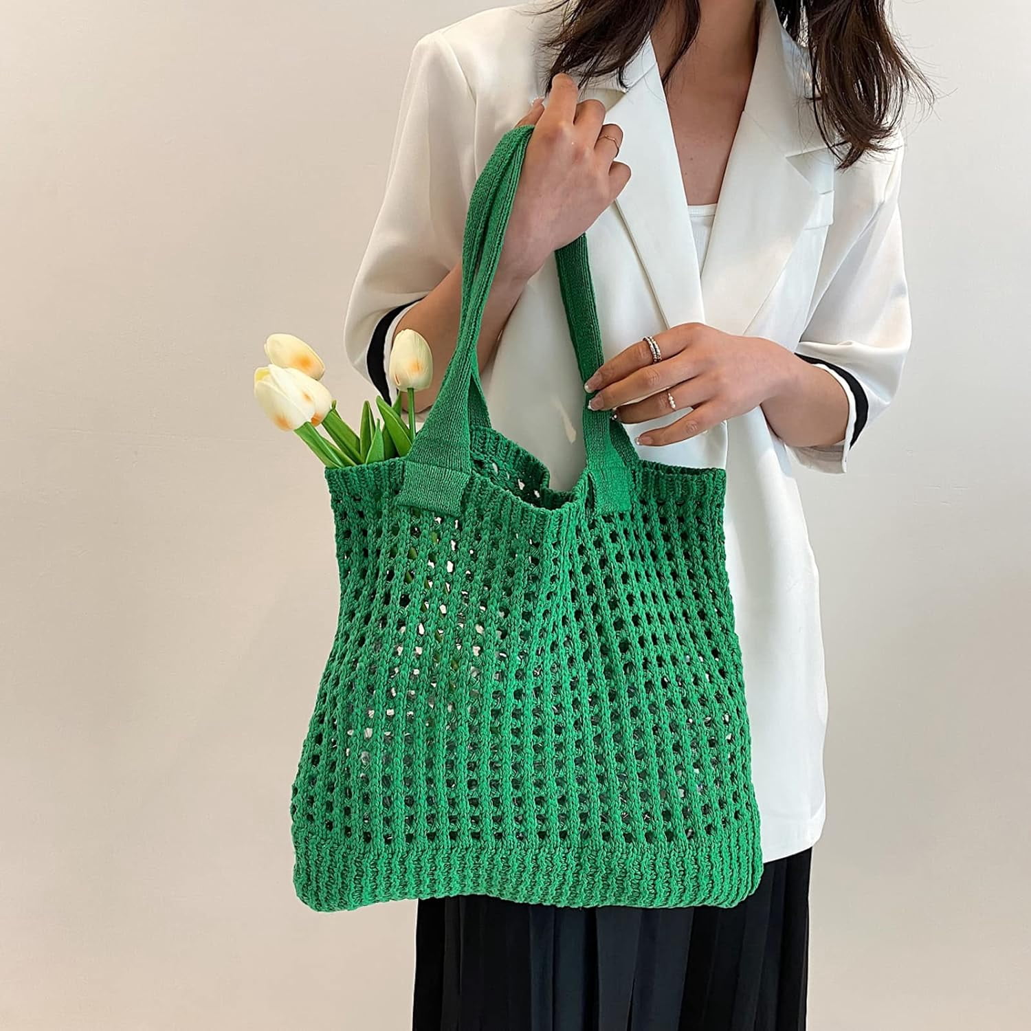 Kukuzhu Crochet Beach Bags for Women, Woven Travel Tote Fishing Net Handbag Shopping Large Hobo Shoulder Bag for for Holiday