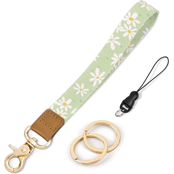 Wristlet Keychain, Cute Wrist Lanyards for Keys Wrist Keychain Strap for Women Wallet, Phone, ID Badges, Green Daisy