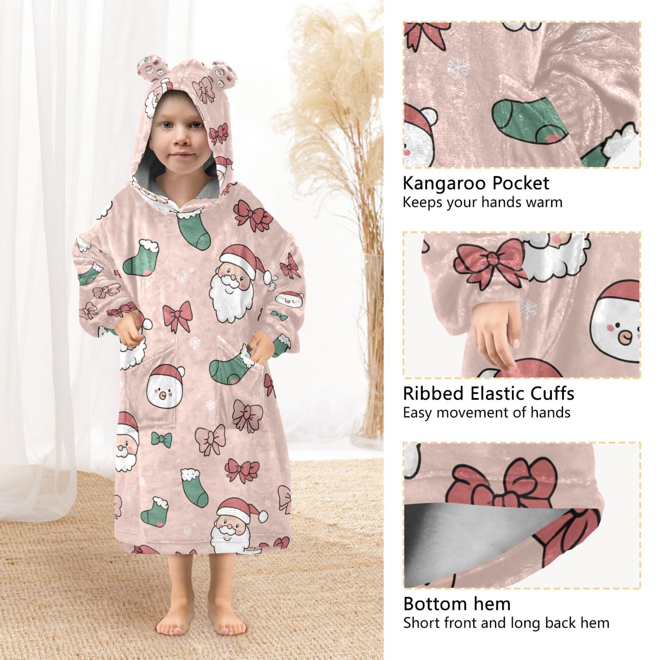 Wearable Blanket Hoodie for Cute Santa Claus and Bow Christmas Socks Flannel Hooded Blanket with Pockets and Sleeves Suitable