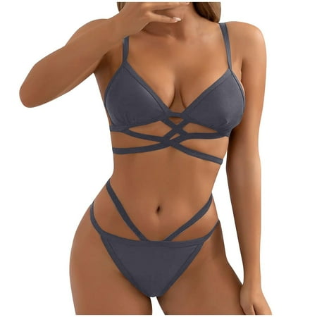 Arnsht 2 Piece Bathing Suits for Women Criss Cross Cut Out Swimsuit Soft Comfort Breathable Triangle High Waisted Cheeky Bikini Set Gray L