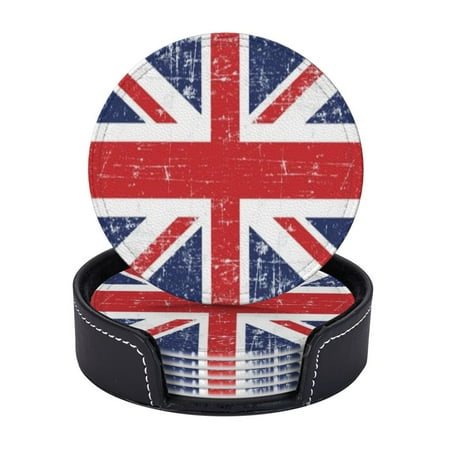 

Grunge Uk Flag British Flag Coasters With Leather Holder Set Of 6 Round Coasters for Home and Kitchen Decor