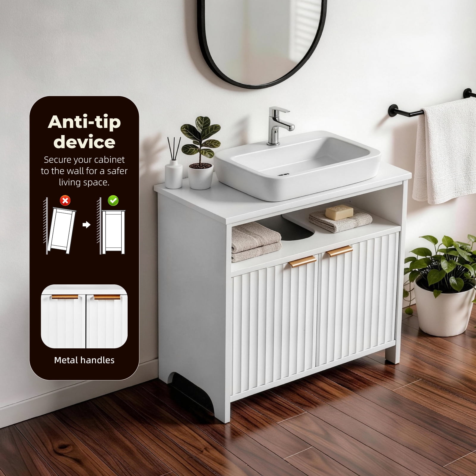 White Melamine Particleboard Bathroom Wall Cabinet 60×30×60cm Grille 2 Door Storage Vanity Cabinet with Inner Shelf